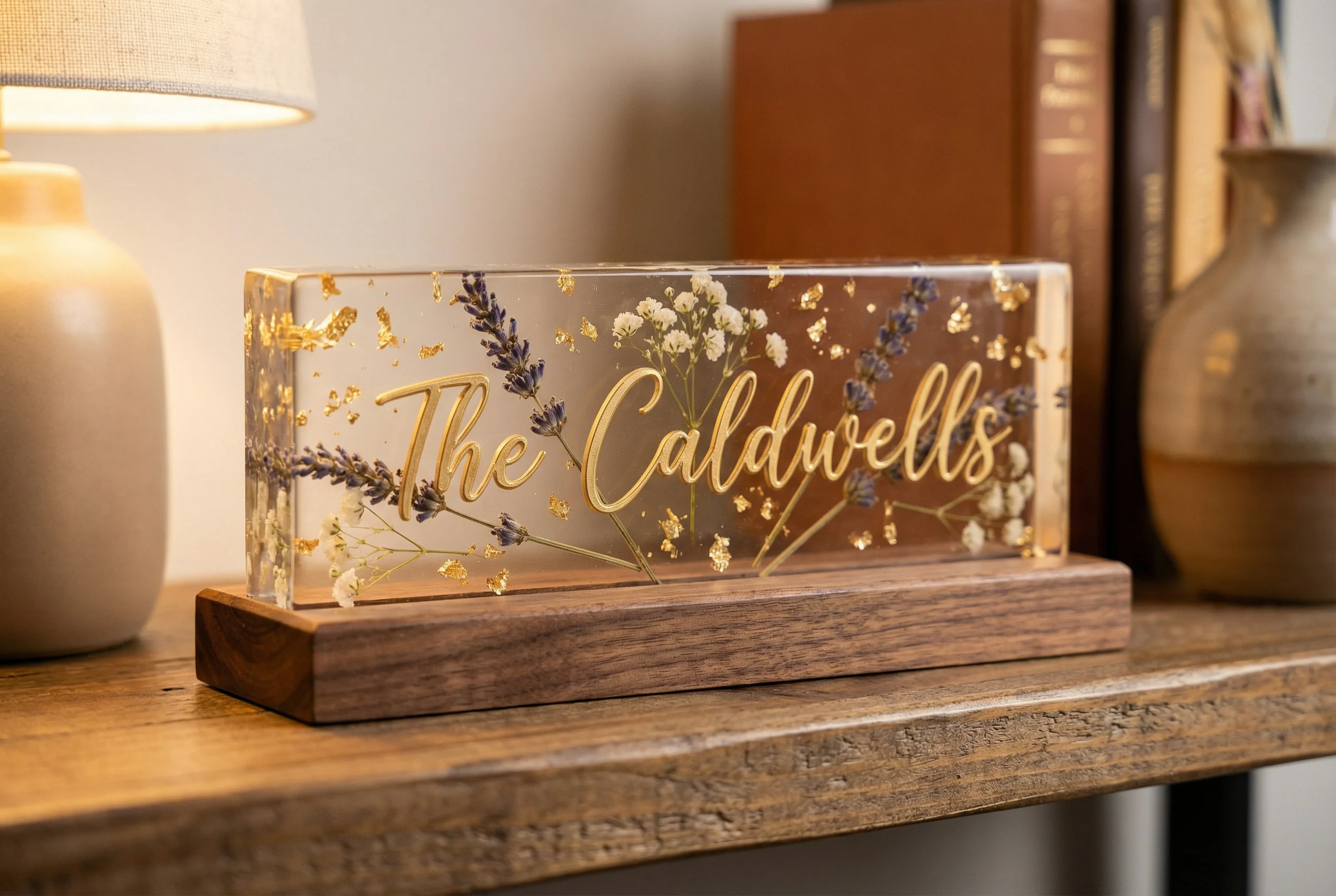 Custom resin name plate with dried flowers