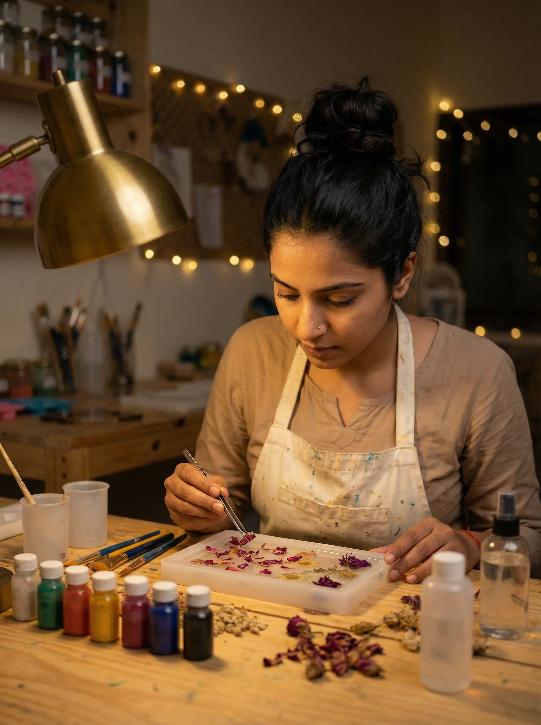 Ananya at work in her resin art studio