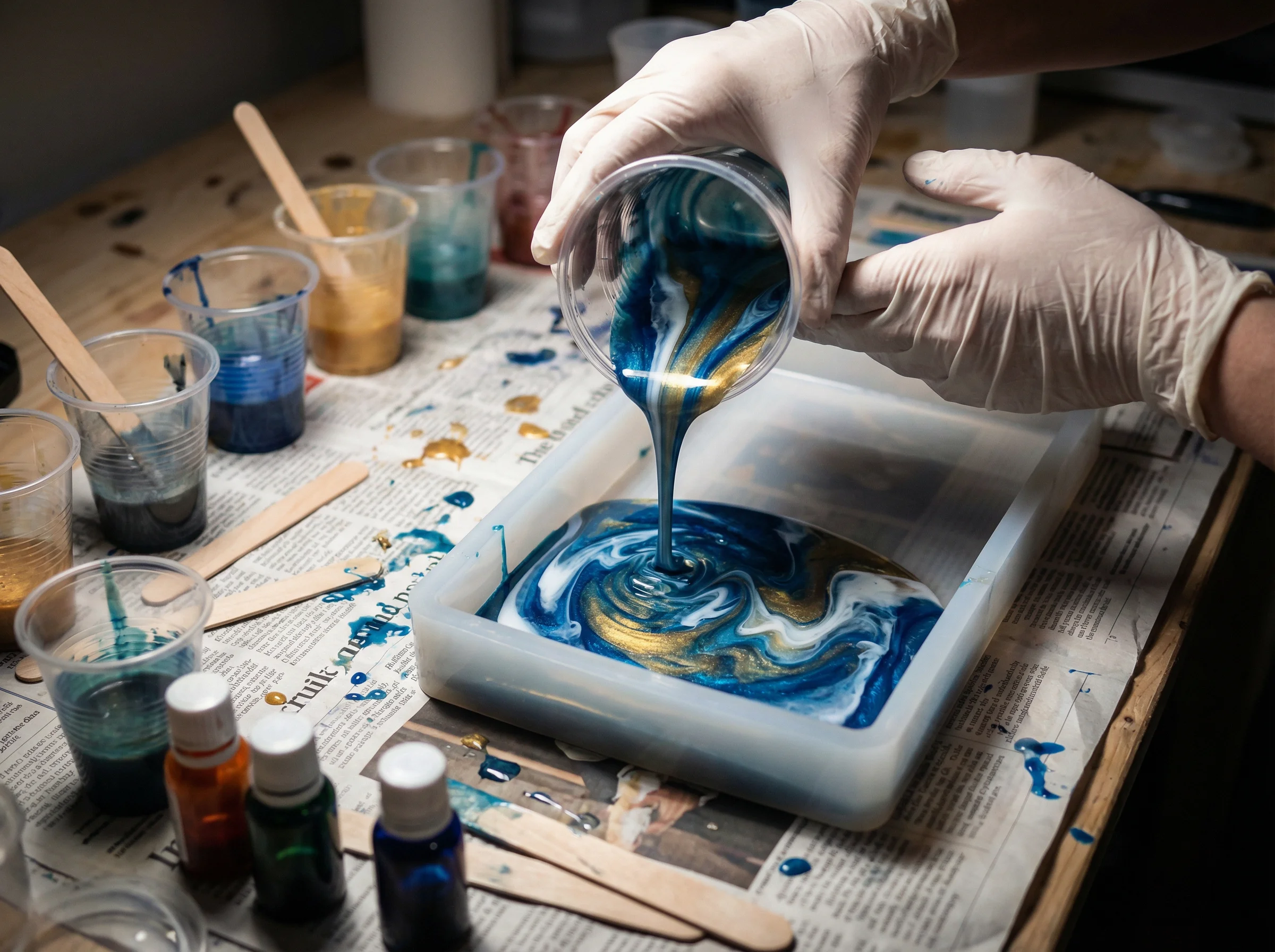 Resin pouring process with vibrant colors