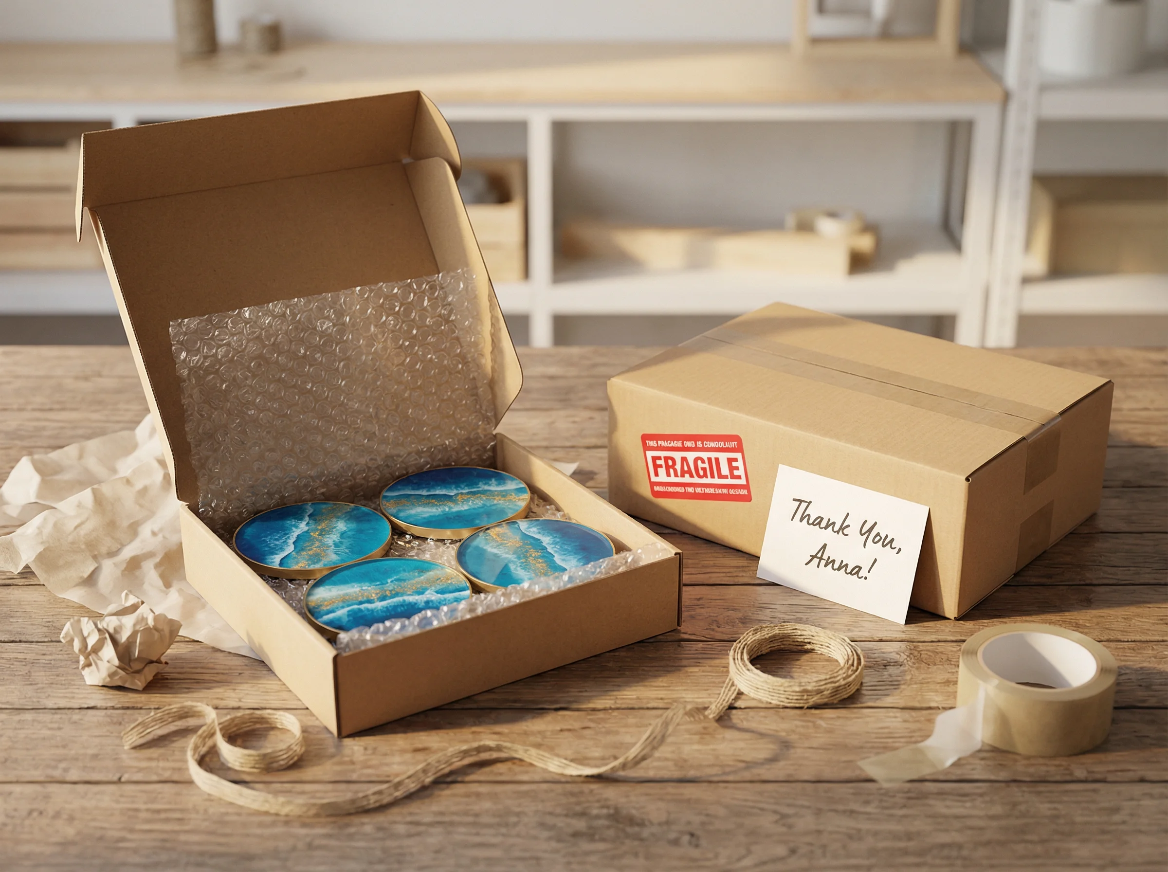 Resin art products packaged for shipping