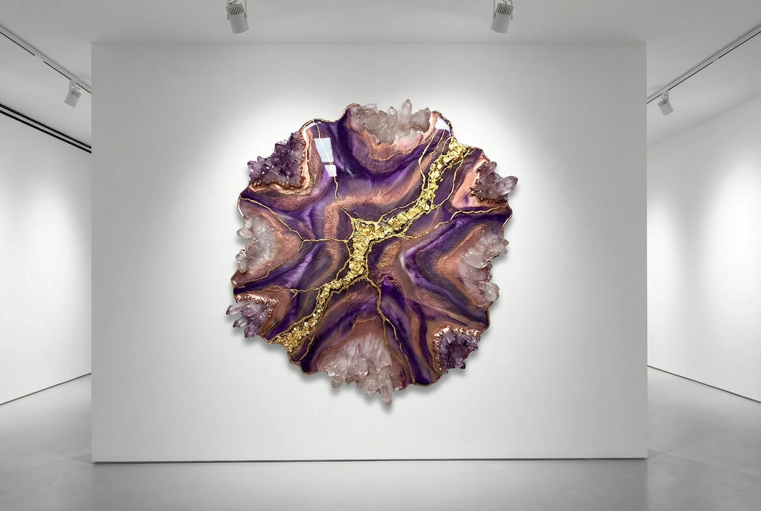 Geode-style resin art with crystals and gold