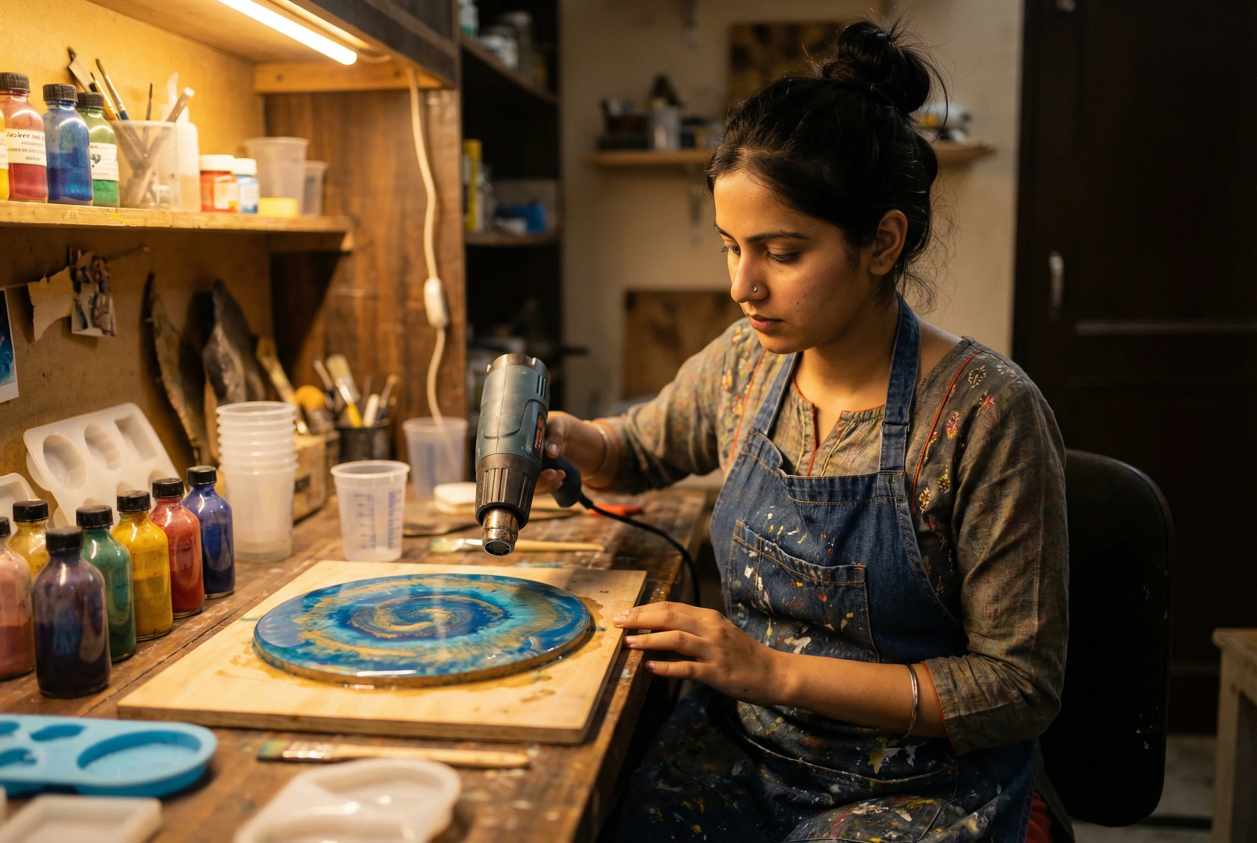 Ananya at work on a custom resin piece in the studio